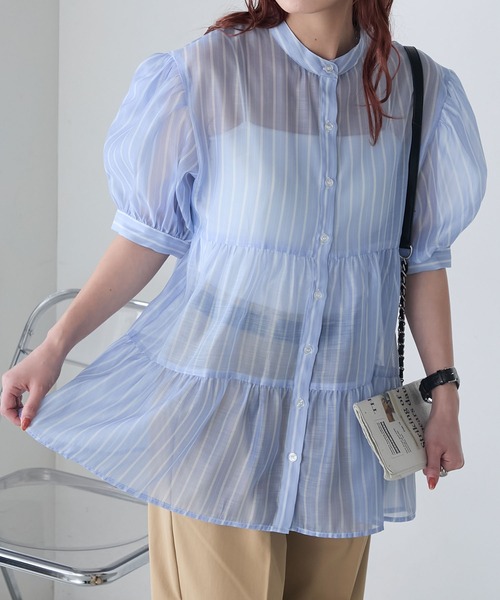 BONLECILL(ボンルシール)の「アソート柄シアーティアードバンドカラーブラウス(シャツ/ブラウス・レディース・ネイビー/ブラウン/ブラック/ブルー・FREE)」の8枚目の写真