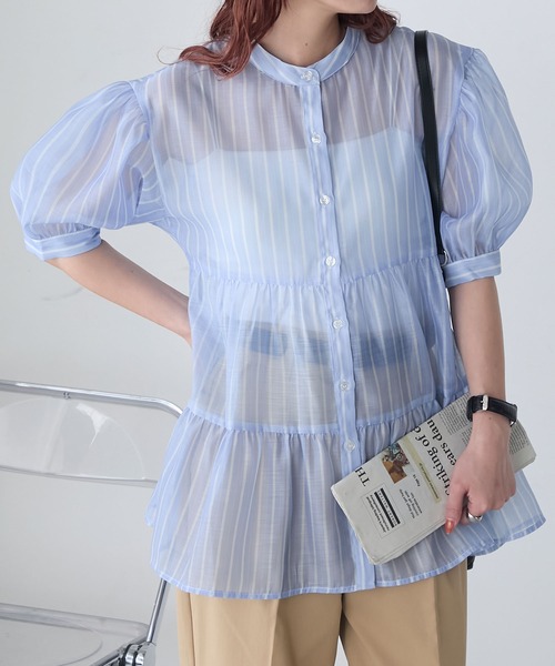 BONLECILL(ボンルシール)の「アソート柄シアーティアードバンドカラーブラウス(シャツ/ブラウス・レディース・ネイビー/ブラウン/ブラック/ブルー・FREE)」の7枚目の写真
