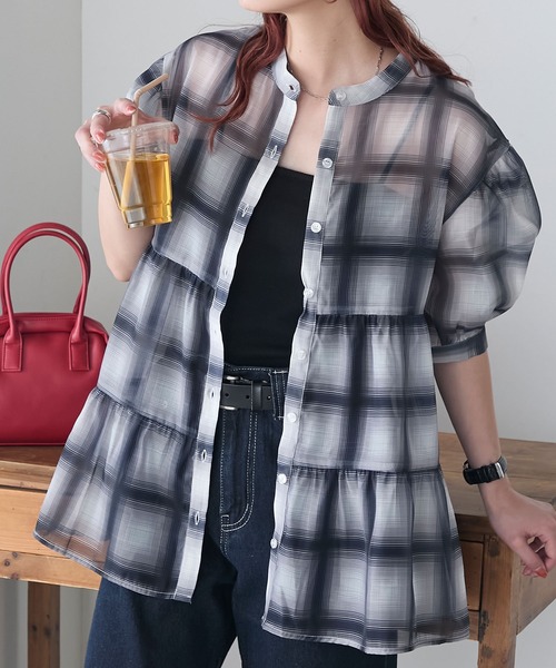 BONLECILL(ボンルシール)の「アソート柄シアーティアードバンドカラーブラウス(シャツ/ブラウス・レディース・ネイビー/ブラウン/ブラック/ブルー・FREE)」の11枚目の写真