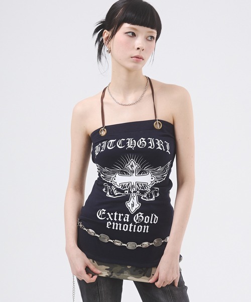 クロスモチーフプリントベアトップ カモフラ柄（Tシャツ