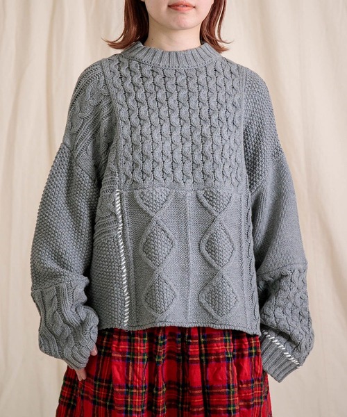 Brocante（ブロカント）の「[Brocante / ブロカント] コットンアクリル ぺシュールラピエセトリコ（ニット/セーター・レディース・アイボリー/グレー・2）」の2枚目の写真