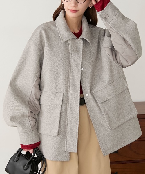 BONLECILL（ボンルシール）の「2WAYヘリンボーン×キルト切替スタンドネックコート/ブルゾン（ブルゾン・レディース・チャコールグレー/グレイッシュベージュ/ブラウン・FREE）」の3枚目の写真
