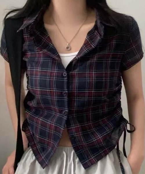 MAISON DE THERESE(メゾン ド テレーズ)の「サイド紐ギャザーチェックブラウス(シャツ/ブラウス・レディース・ブルー/ネイビー・M/XL/L/S)」の1枚目の写真