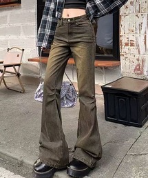 ユーズド加工 ローライズフレアデニムパンツ レディース Y2K
