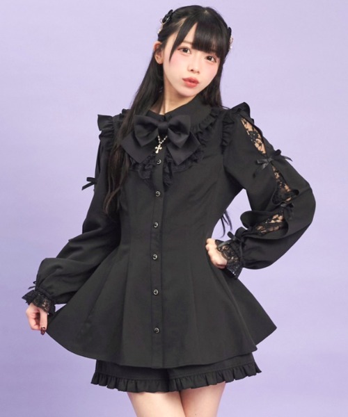 シークレットハニー Secret Honey 袖スリットレースフリルセットアップ （クロ） 袖スリットレースフリルセットアップ（セットアップ）｜Secret