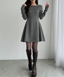 オフショル風スクエアネックミニニットワンピ