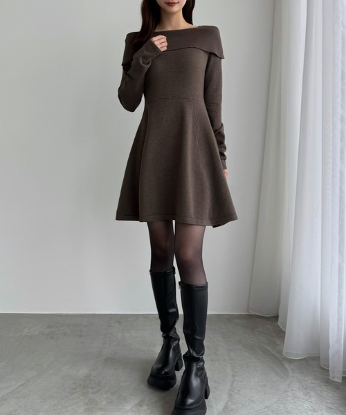 セール】オフショル風スクエアネックミニニットワンピ（ワンピース