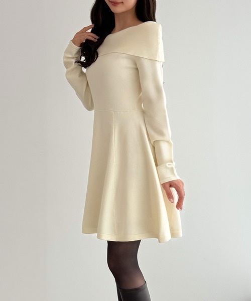セール】オフショル風スクエアネックミニニットワンピ（ワンピース