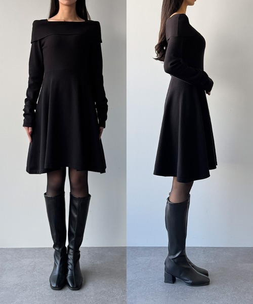 セール】オフショル風スクエアネックミニニットワンピ（ワンピース