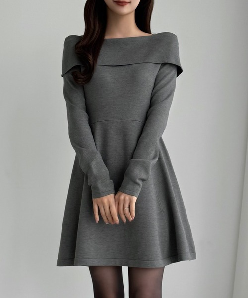 セール】オフショル風スクエアネックミニニットワンピ（ワンピース