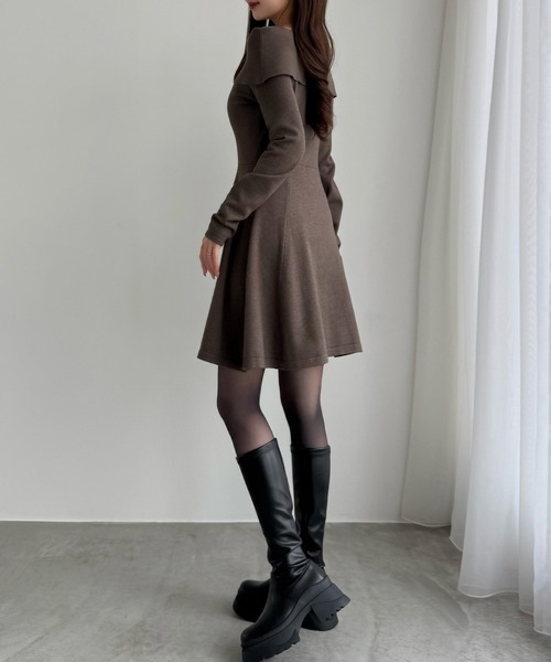 セール】オフショル風スクエアネックミニニットワンピ（ワンピース