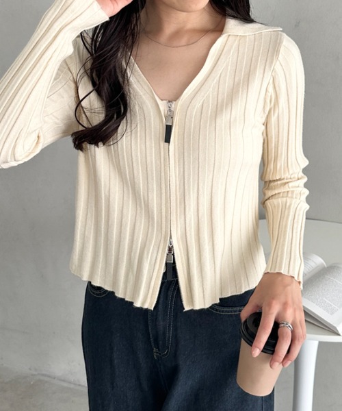 セール】ダブルジップリブVネックトップス（Tシャツ/カットソー