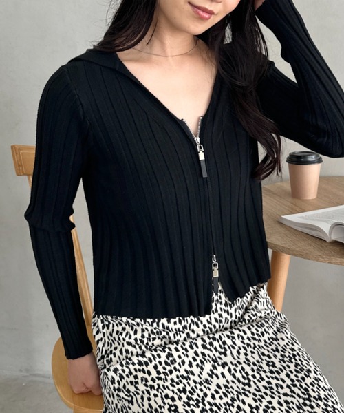 セール】ダブルジップリブVネックトップス（Tシャツ/カットソー