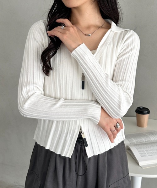 セール】ダブルジップリブVネックトップス（Tシャツ/カットソー