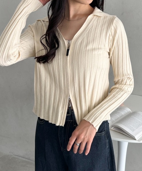 セール】ダブルジップリブVネックトップス（Tシャツ/カットソー