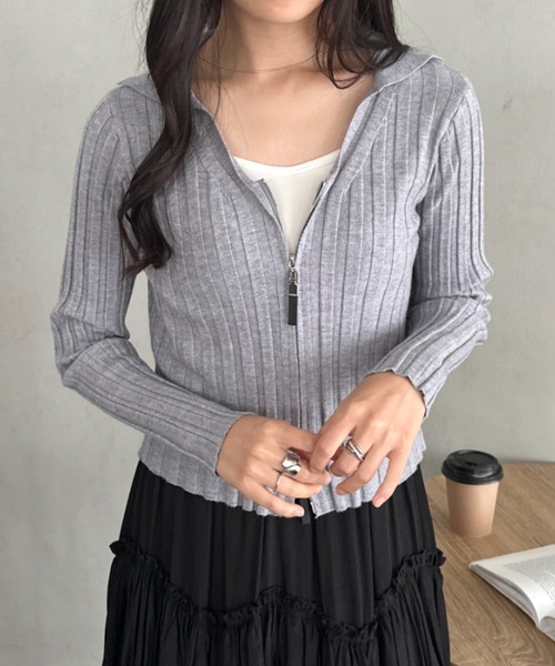 ぷー様　トップス　グレー セール】ダブルジップリブVネックトップス（Tシャツ/カットソー