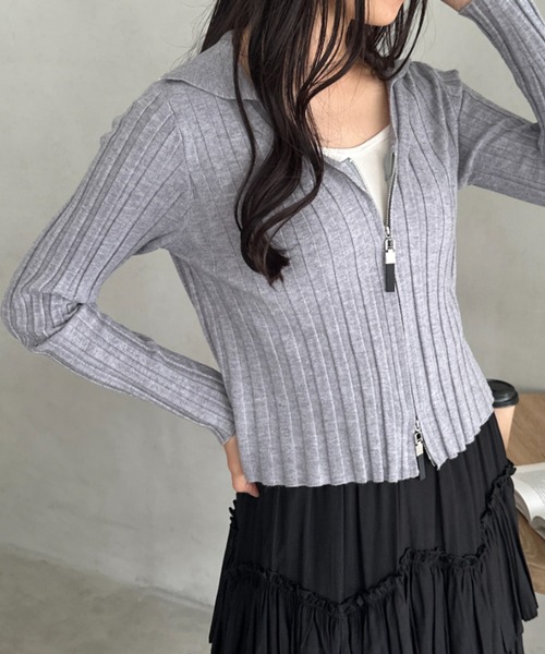 セール】ダブルジップリブVネックトップス（Tシャツ/カットソー