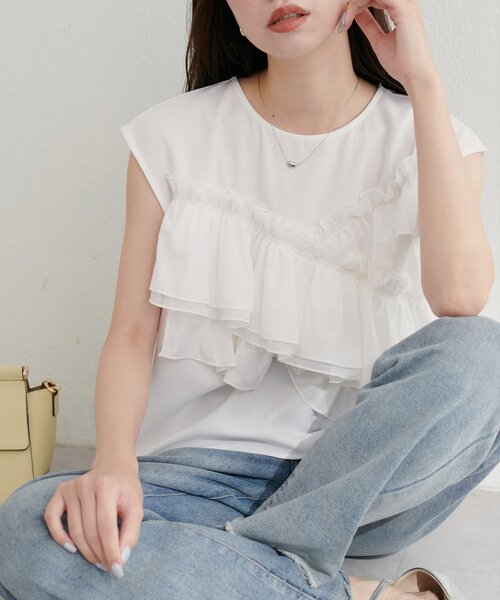 natural couture（ナチュラルクチュール）の「アシメフリルノースリブラウス（シャツ/ブラウス・レディース・オフホワイト/イエロー/ブラック・FREE）」の16枚目の写真