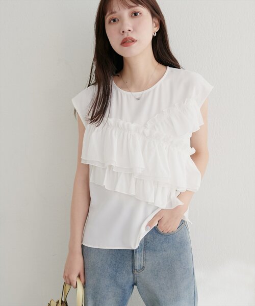 natural couture（ナチュラルクチュール）の「アシメフリルノースリブラウス（シャツ/ブラウス・レディース・オフホワイト/イエロー/ブラック・FREE）」の18枚目の写真