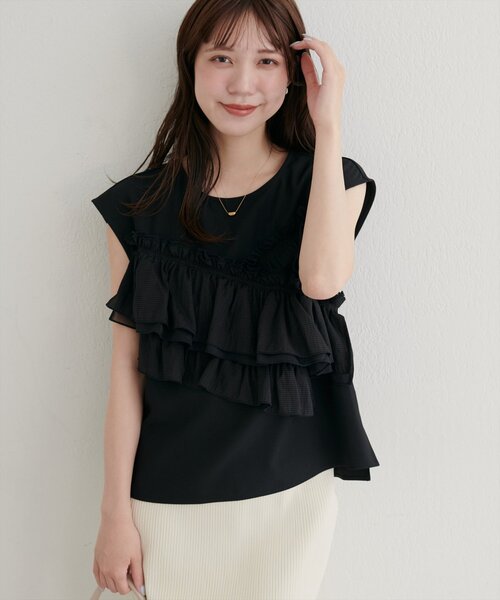 natural couture（ナチュラルクチュール）の「アシメフリルノースリブラウス（シャツ/ブラウス・レディース・オフホワイト/イエロー/ブラック・FREE）」の21枚目の写真