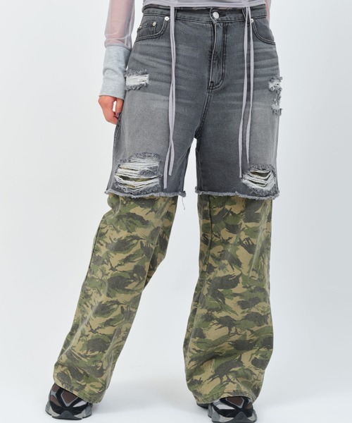 atmos pink(アトモスピンク)の「atmos pink Layered Denim Pants / アトモス ピンク レイヤード デニム パンツ(その他パンツ・レディース・ブラック・S/M)」の1枚目の写真