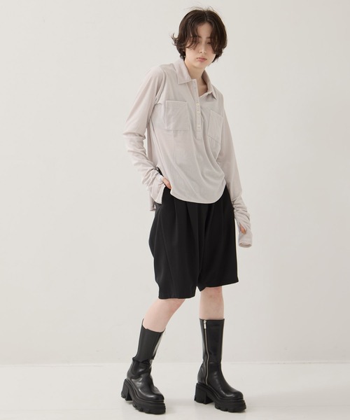 STUDIOUS（ステュディオス）の「【STUDIOUS/ステュディオス】Velours Polo Shirt/ベロアポロシャツ（ポロシャツ・レディース・ライトグレー/ブラック・FREE）」の9枚目の写真