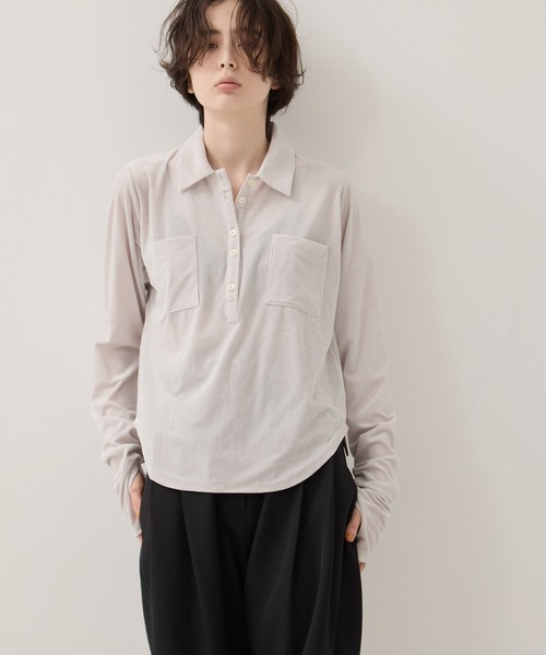 STUDIOUS（ステュディオス）の「【STUDIOUS/ステュディオス】Velours Polo Shirt/ベロアポロシャツ（ポロシャツ・レディース・ライトグレー/ブラック・FREE）」の6枚目の写真