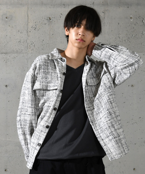 neos(ネオス)の「【neos】ルーズシルエット ショート丈 ツイード チェック シャツジャケット(ブルゾン・メンズ・ホワイト/ブラック・MEDIUM/LARGE)」の9枚目の写真