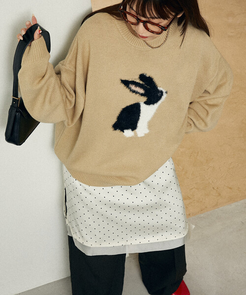 セール】PUBLUX/パブリュクス シャギー刺繍 ラビット デザイン ニット