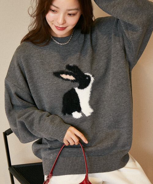 セール】PUBLUX/パブリュクス シャギー刺繍 ラビット デザイン ニット