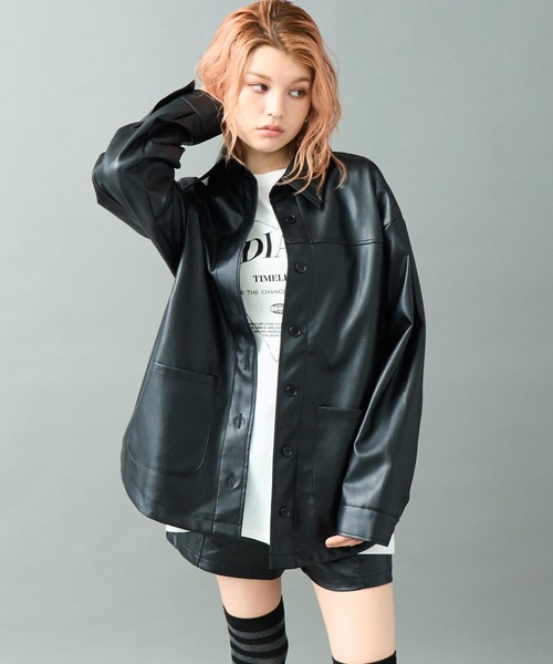 セール】レザーライク 2ポケット オーバーサイズ シャツ ジャケット