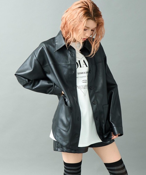 レザーライク 2ポケット オーバーサイズ シャツ ジャケット（ブルゾン