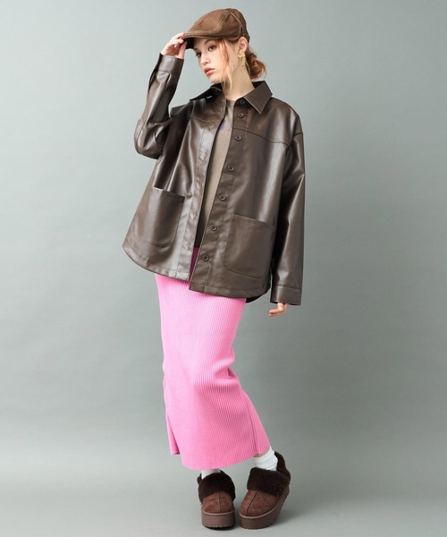 レザーライク 2ポケット オーバーサイズ シャツ ジャケット（ブルゾン