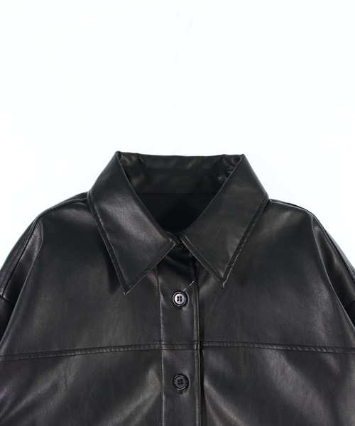 レザーライク 2ポケット オーバーサイズ シャツ ジャケット（ブルゾン