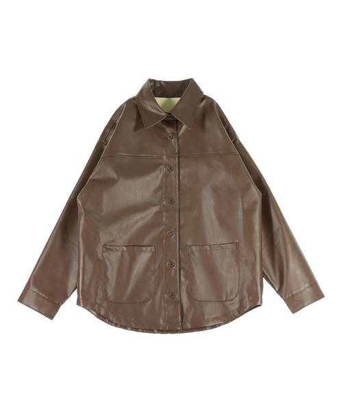 セール】レザーライク 2ポケット オーバーサイズ シャツ ジャケット