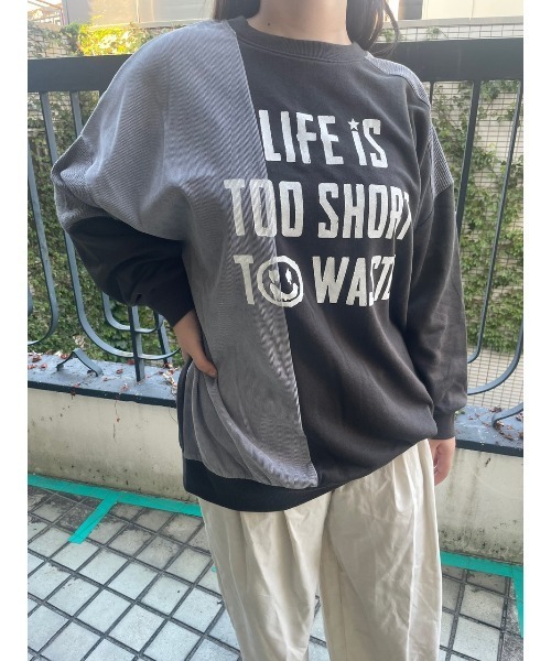 WORLD WIDE LOVE!（ワールドワイドラブ）の「異素材切り替えトップス（Tシャツ/カットソー・レディース・ブラック/トップグレー/オレンジ・1）」の2枚目の写真