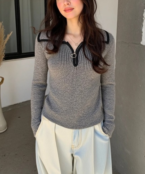 cammie(キャミー)の「パイピングリングZIPニットトップス(ニット/セーター・レディース・グレー/アイボリー/ベージュ・F)」の2枚目の写真