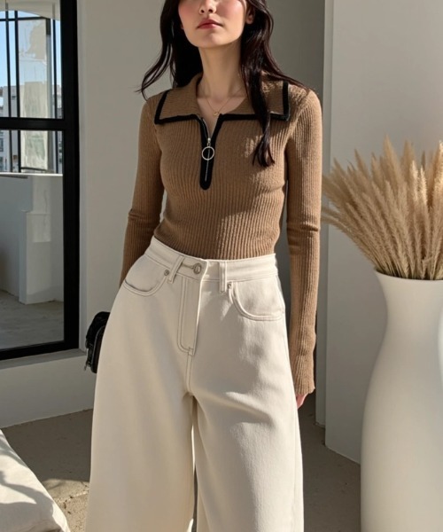 cammie(キャミー)の「パイピングリングZIPニットトップス(ニット/セーター・レディース・グレー/アイボリー/ベージュ・F)」の15枚目の写真