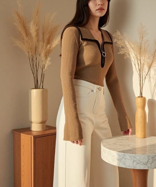 cammie(キャミー)の「パイピングリングZIPニットトップス(ニット/セーター・レディース・グレー/アイボリー/ベージュ・F)」の11枚目の写真