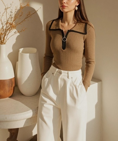 cammie(キャミー)の「パイピングリングZIPニットトップス(ニット/セーター・レディース・グレー/アイボリー/ベージュ・F)」の12枚目の写真