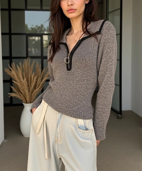 cammie(キャミー)の「パイピングリングZIPニットトップス(ニット/セーター・レディース・グレー/アイボリー/ベージュ・F)」の5枚目の写真