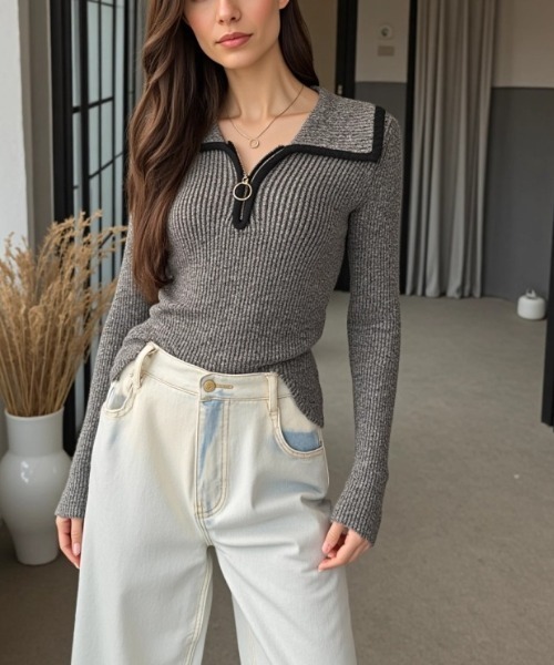 cammie(キャミー)の「パイピングリングZIPニットトップス(ニット/セーター・レディース・グレー/アイボリー/ベージュ・F)」の6枚目の写真