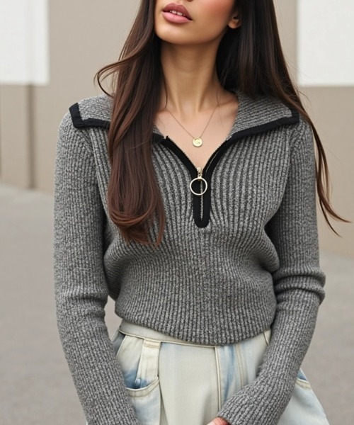 cammie(キャミー)の「パイピングリングZIPニットトップス(ニット/セーター・レディース・グレー/アイボリー/ベージュ・F)」の7枚目の写真