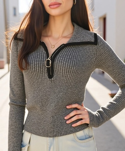 cammie(キャミー)の「パイピングリングZIPニットトップス(ニット/セーター・レディース・グレー/アイボリー/ベージュ・F)」の8枚目の写真