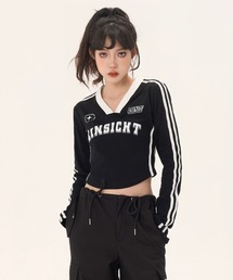 ABETTOR 韓国スポーツテイストロゴ 袖ライン入りV襟クロップド丈長袖ジャズトップ