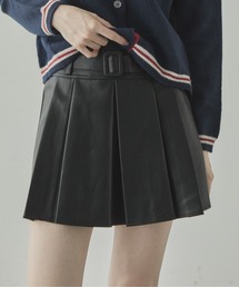 ベルト付きフェイクレザープリーツミニスカート