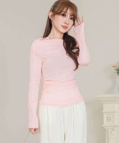 Anely(アネリー)の「ドレープネック ツイン リボン サイドギャザー トップス(Tシャツ/カットソー・レディース・ピンク/ホワイト・FREE)」の4枚目の写真