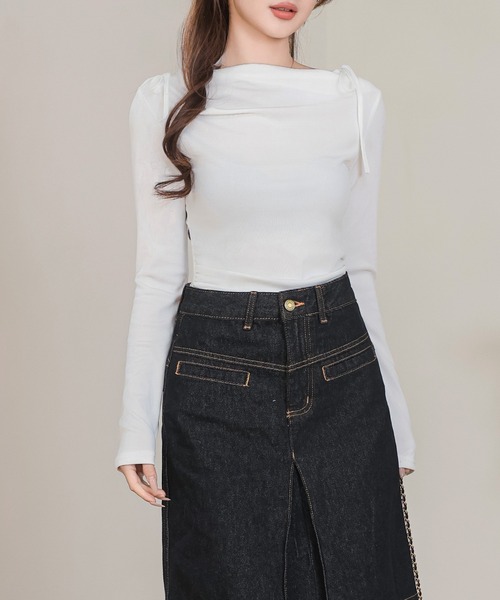 Anely(アネリー)の「ドレープネック ツイン リボン サイドギャザー トップス(Tシャツ/カットソー・レディース・ピンク/ホワイト・FREE)」の9枚目の写真