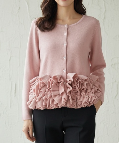 セール】フリルギャザーニットカーディガン エレガント（Tシャツ