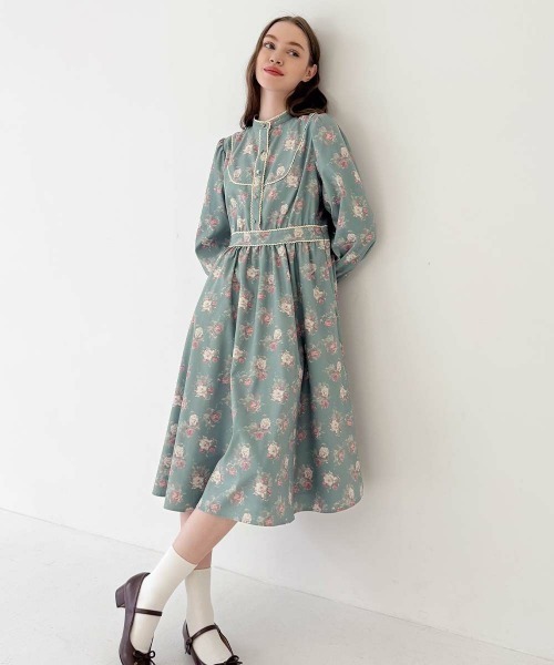 F i.n.t(フィント)の「レース使いレトロ花柄ワンピース/fint フィント(ワンピース・レディース・ミント/ブルーグレー・FREE)」の2枚目の写真